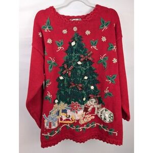 Vintage 90s Embroidered Ugly Christmas Tree Sweater Sz S Red Cottagecore Winter